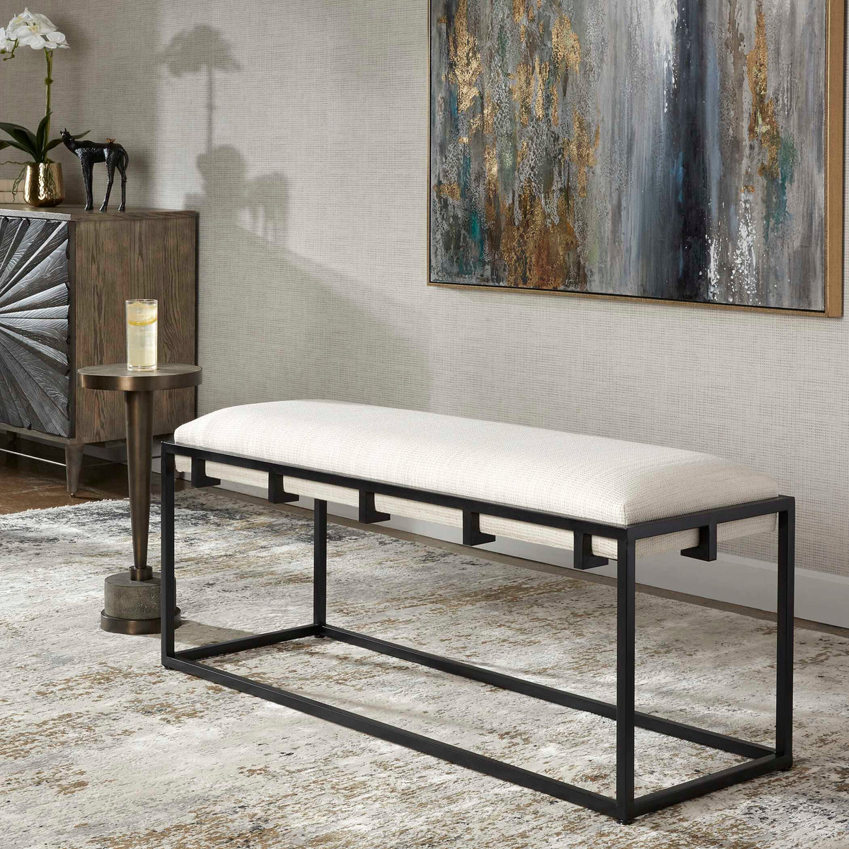 Paradox Iron & Fabric Bench White & Black - White / Black by Uttermost - View 3