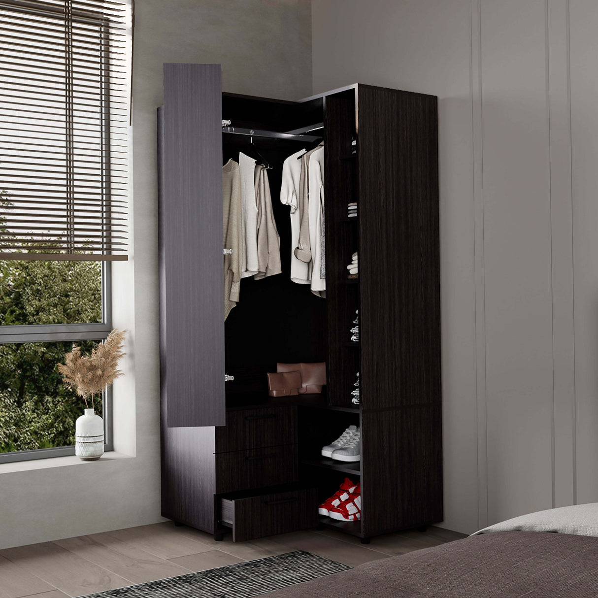 Wenge Armoire Wardrobe with Open Storage and 2 Drawers - sold by Home Elegance USA