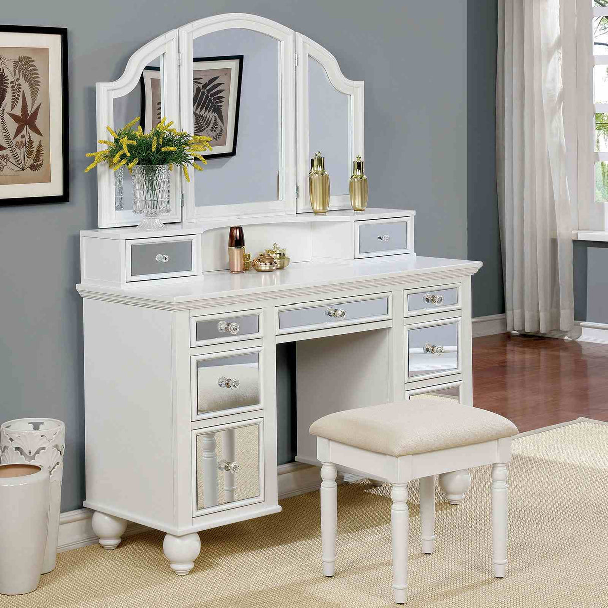 White Finish 1pc Vanity Set w/ Stool 3-Sidded Mirror Storage Drawers Transitional Bedroom Furniture