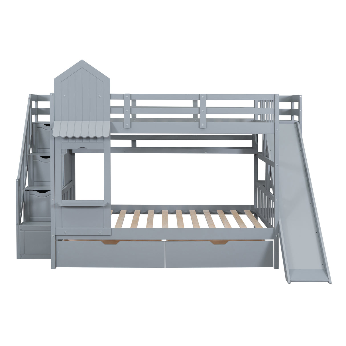 Full-Over-Full Castle Style Bunk Bed with 2 Drawers 3 Shelves and Slide - Gray(OLD SKU:LT000558AAE-2) - sold by Home Elegance USA