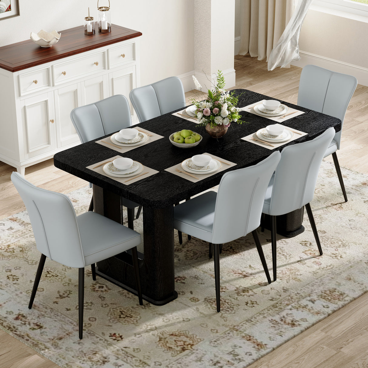Table and chair set.64.5 x 35.4 Inch Stylish Black Wood Color Textured Dining Table.Paired with 6 Light Gray PU chairs with a vertical stripe design on the backrest and black metal legs.