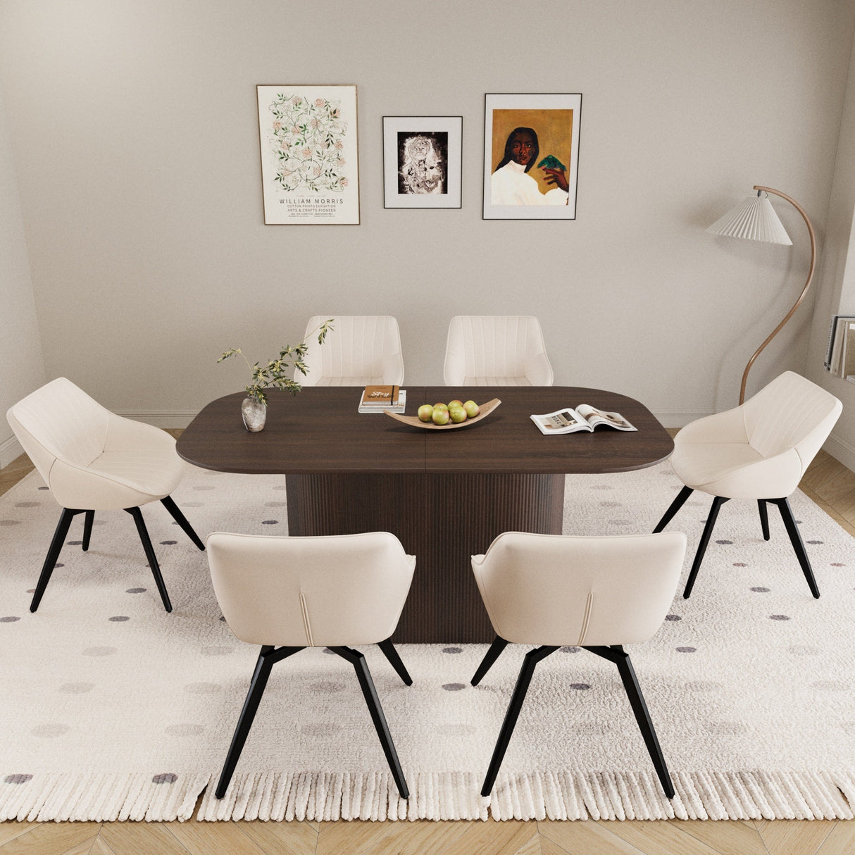 63' medieval modern brown style MDF dining table and 6 sets of black metal leg PU decorative chairs. Assemble desktop and artificial leather dining chair set, suitable for home& kitchen - sold by Home Elegance USA