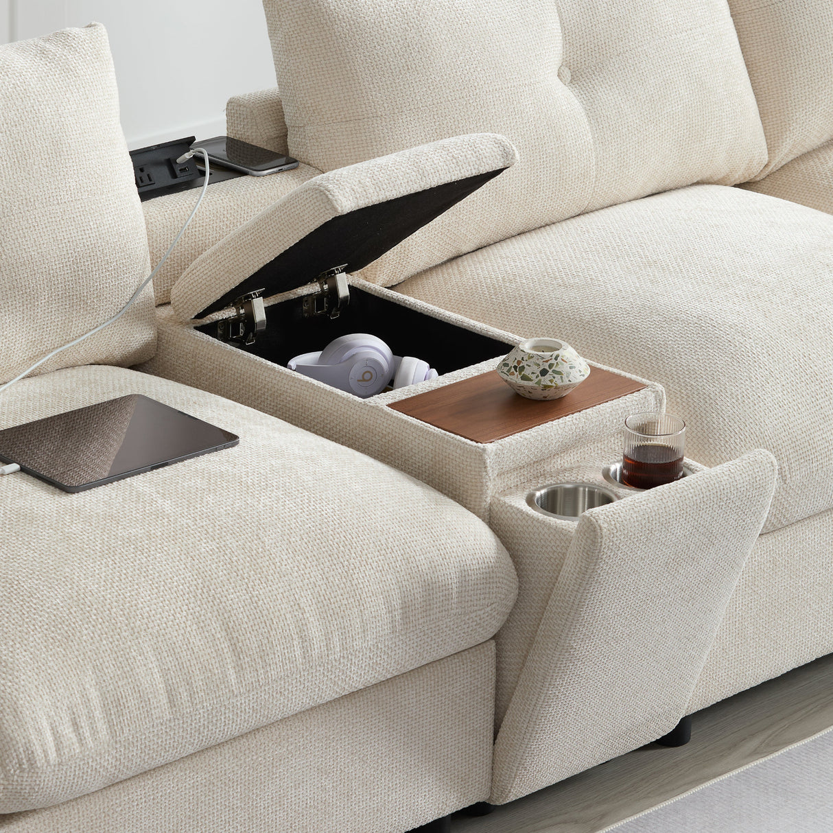 136'' Modular Sectional Sofa with Console, Cup Holder, USB Charger, Movable Storage Ottoman, Pull-line&Tufted Design, U-Shaped Oversized Chenille Sofa for Living Room&Apartment,2 Colors - sold by Home Elegance USA