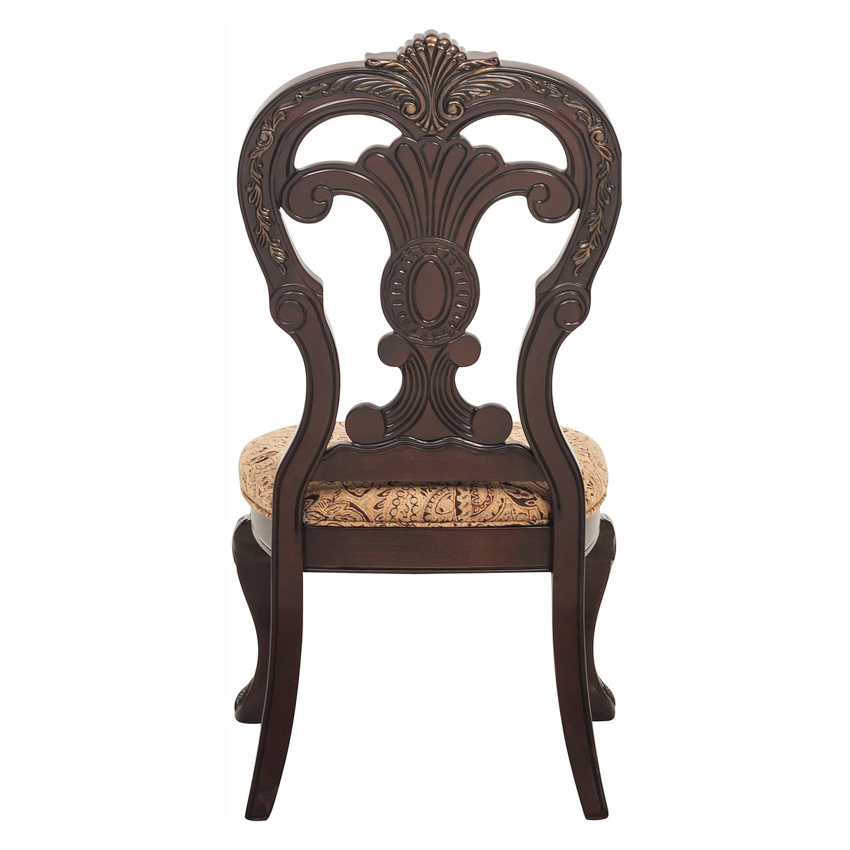 Decorative wooden chair with intricate back design on a white background