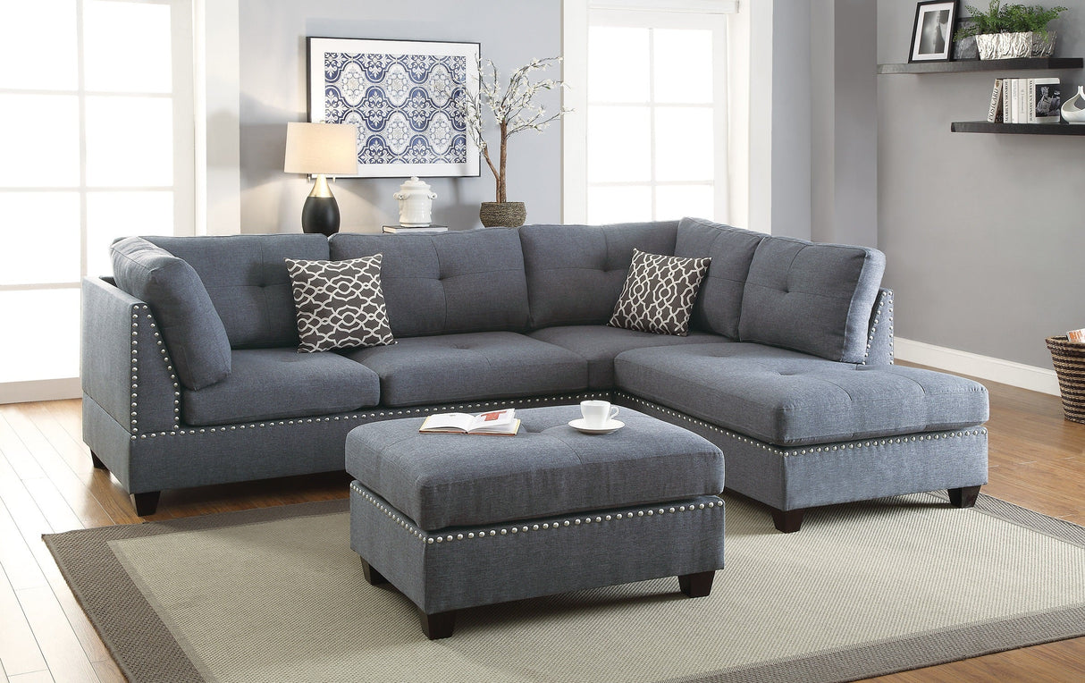 3-pcs Sectional Sofa Blue Grey Polyfiber Cushion Sofa Chaise Ottoman Reversible Couch Pillows - sold by Home Elegance USA
