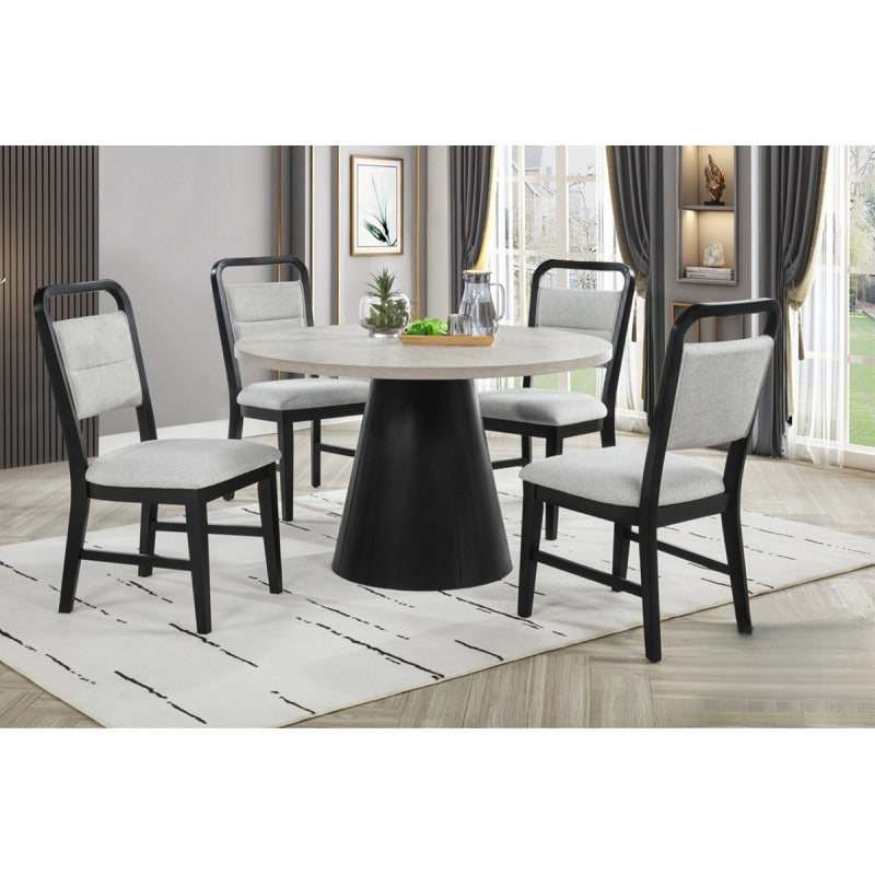 Contemporary Dining Room 5 Piece Set Solid Wood Round Dining Table with 4 Upholstered Side Chairs, Gray/Black