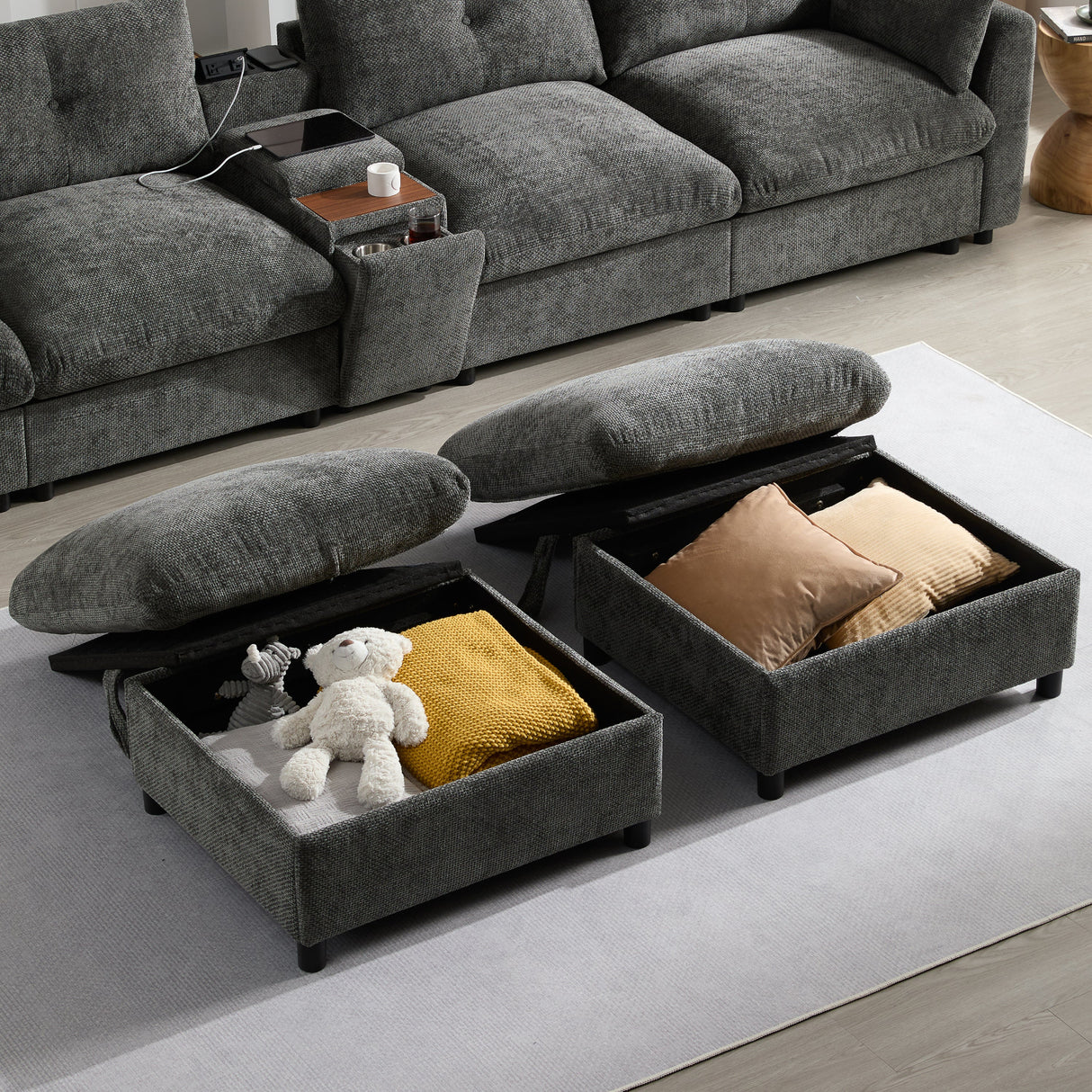 136'' Modular Sectional Sofa with Console, Cup Holder, USB Charger, Movable Storage Ottoman, Pull-line&Tufted Design, U-Shaped Oversized Chenille Sofa for Living Room&Apartment,2 Colors - sold by Home Elegance USA