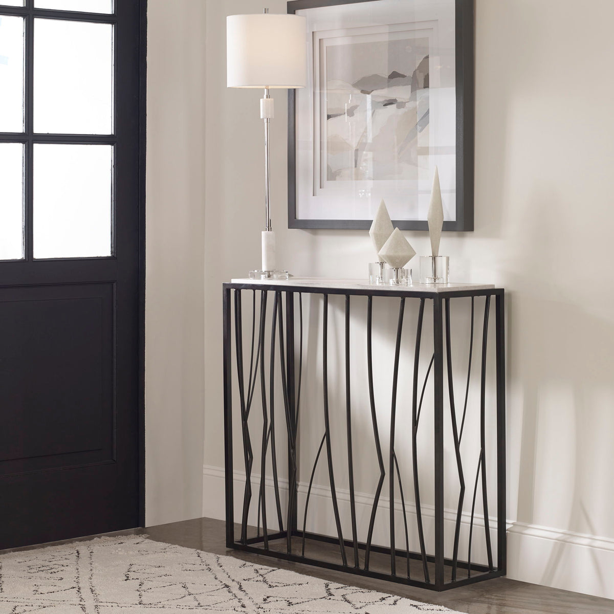 Reed Travertine Console Table Black & Light Brown - Black / Light Brown by Uttermost - View 2