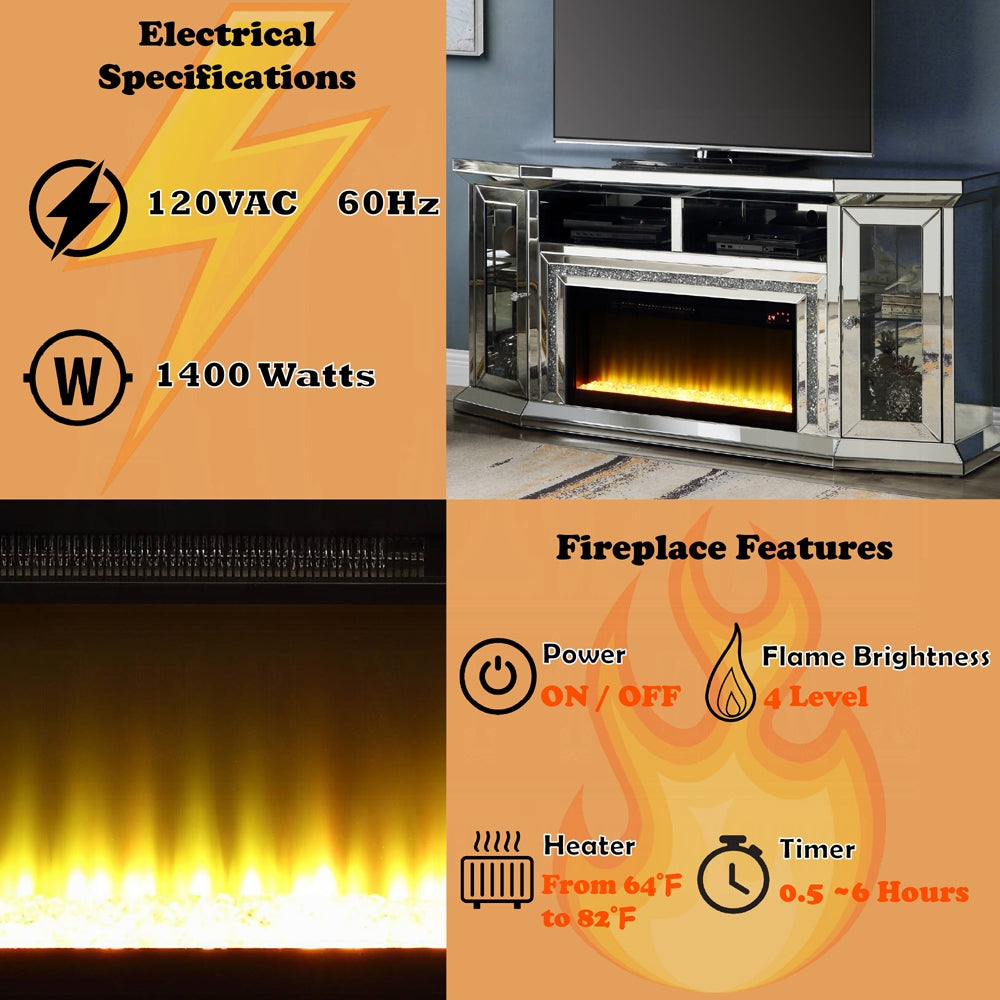 Mueble de TV Noralie con chimenea y LED AC00517 con espejo y diamantes artificiales | Acme