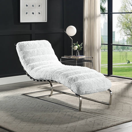 Acme - Qortini Chaise AC01988 White Teddy Sherpa & Stainless Steel