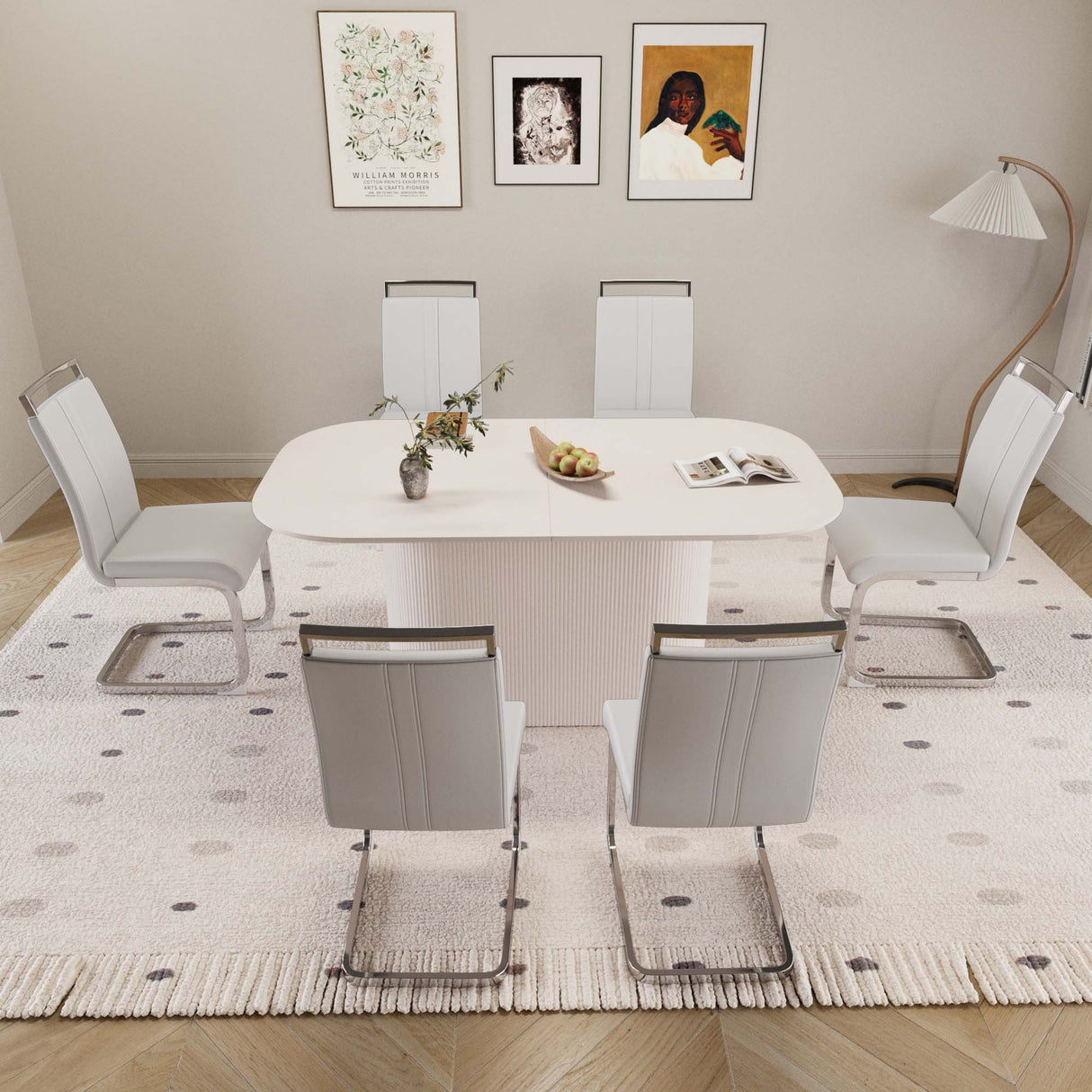 63 'medieval modern cream style MDF dining table and PU armless dining chair set 6. Assemble Desktop and Silver plated metal leg dining chair set, suitable for home&kitchen
