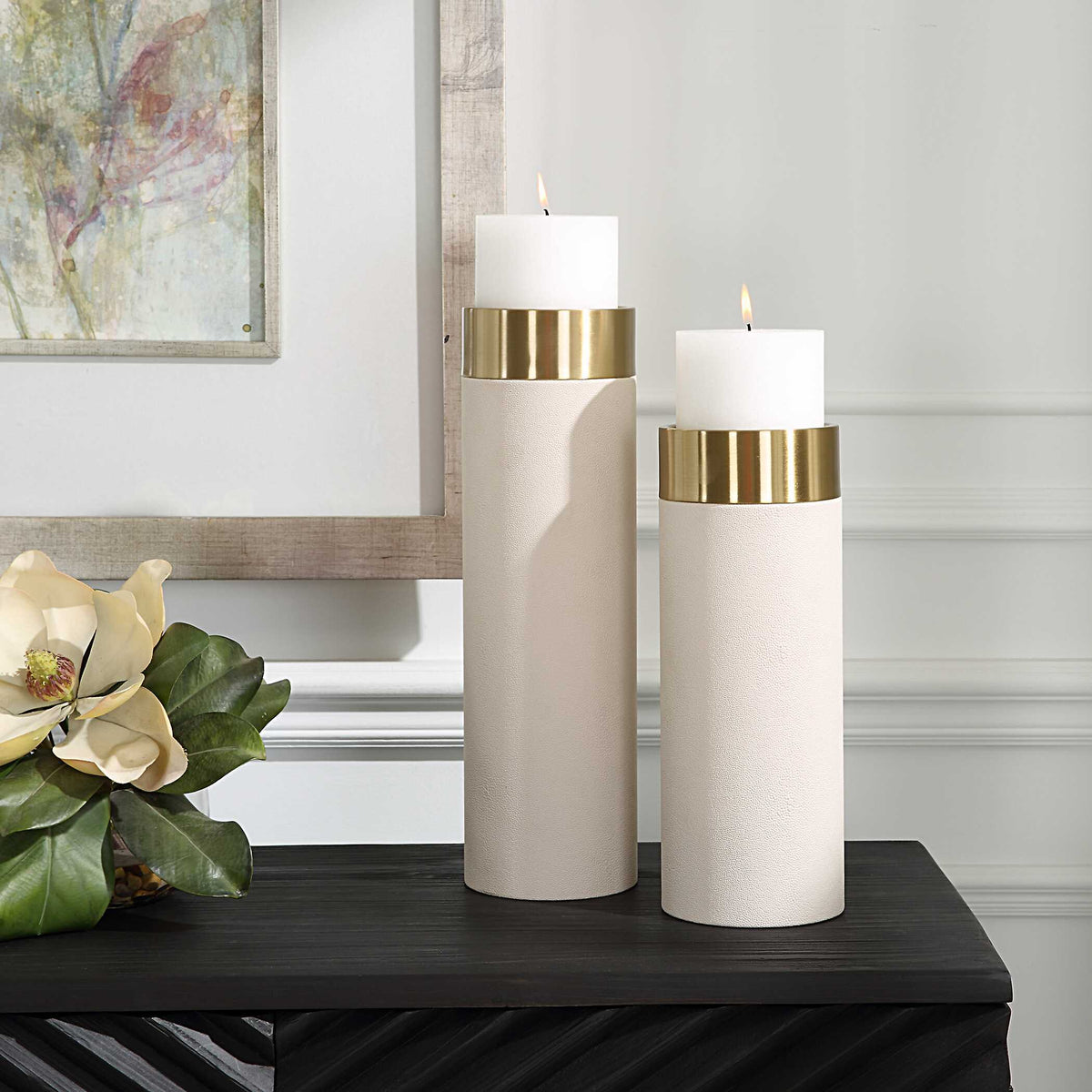 Wessex Pillar Candleholders (Set Of 2) - White / Gold by Uttermost - View 3