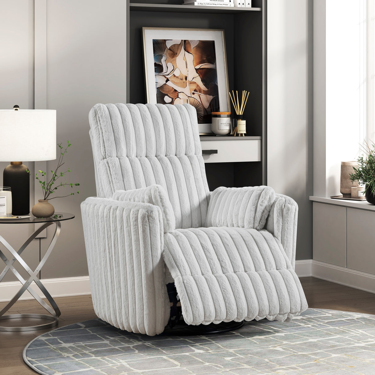 Luxurious Corduroy Upholstered Swivel Glider Reclining Chair Gray Modern Living Room Furniture 1pc Plush Comfort Matching Pillows