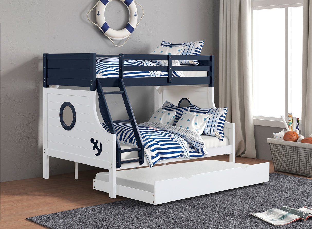 Twin Over Full Bunk Bed Modern Novelty Style Attached Ladder Upper Bed Rails And Lock Joint Structure For Safety Slat Kit Blue / White Finish - sold by Home Elegance USA