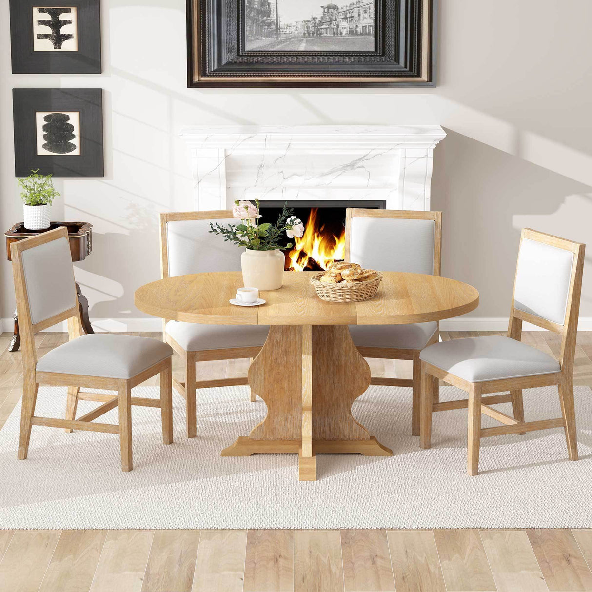 Juego de comedor TREXM Farmhouse de 5 piezas con 4 sillas tapizadas, mesa de comedor extensible de madera con hoja de 4,9 m para asientos adicionales en comedor, cocina y sala de estar (lavado de madera natural)