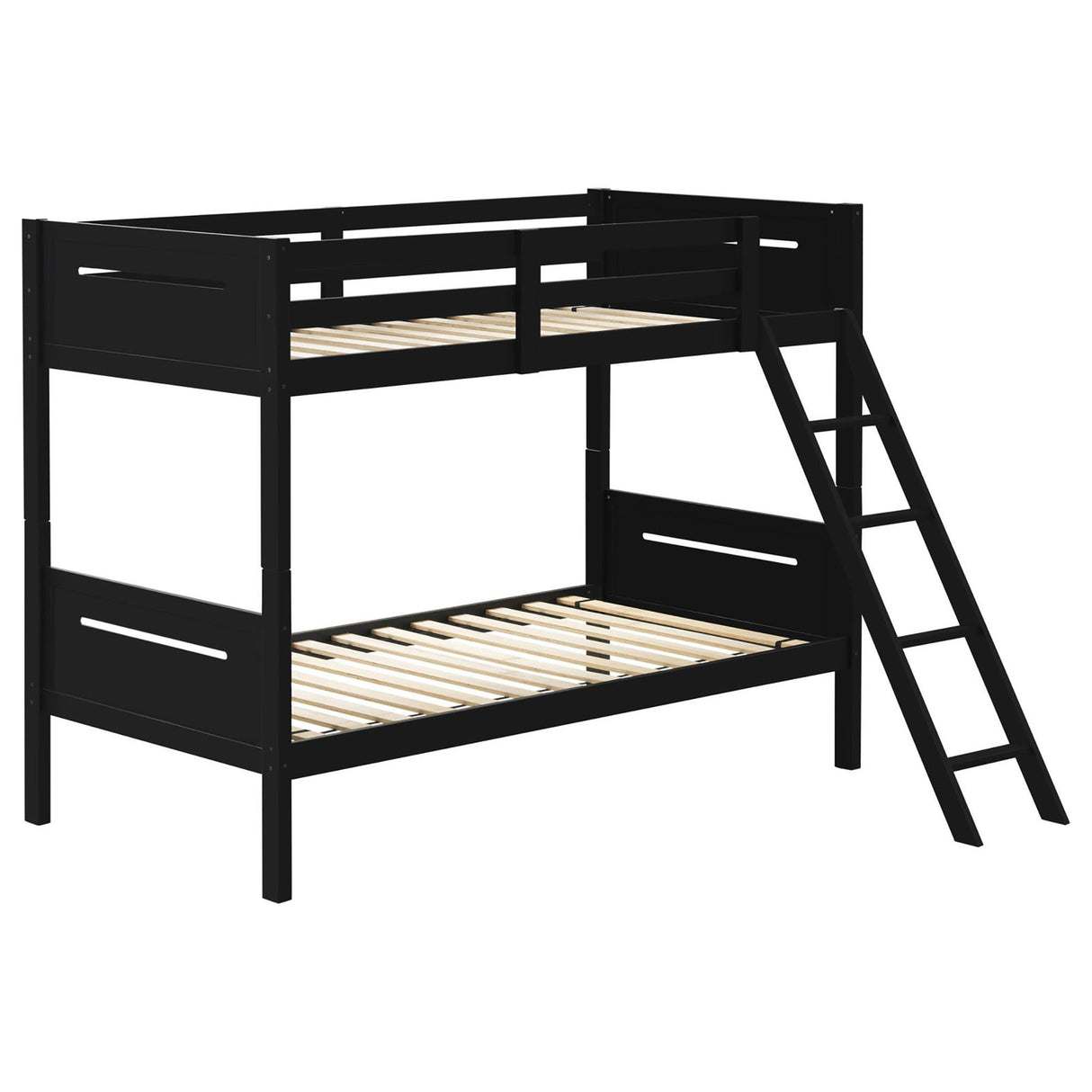 Black Twin/Twin Bunk Bed with Built-in Ladder - Modern Wood Frame with Angled Access and Safety Guardrails