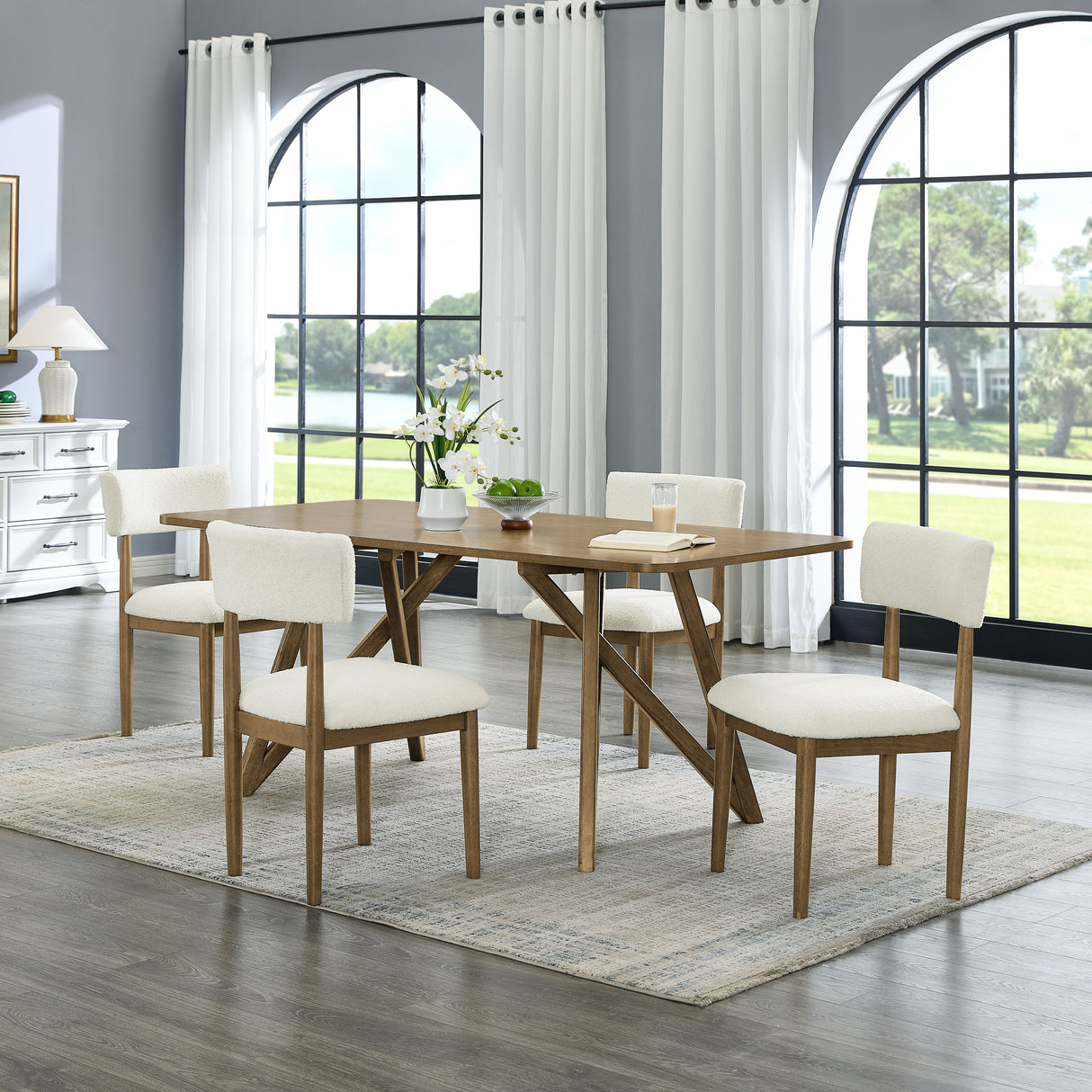 Darla 5Pc 70'W Rectangular Walnut Oak Geometric Cross Base Dining Set