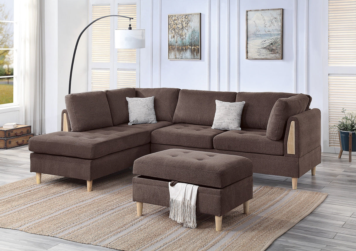 3-PCS Reversible Sectional Set Living Room Furniture Chocolate Color Chenille Couch Sofa, Reversible Chaise Ottoman - sold by Home Elegance USA