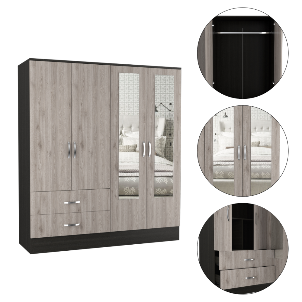 Bolton 160 Armoire, Six Shelves, Two Double Door Cabinets, Two Mirrors, Two Drawers, Rod Black / Light Gray - sold by Home Elegance USA