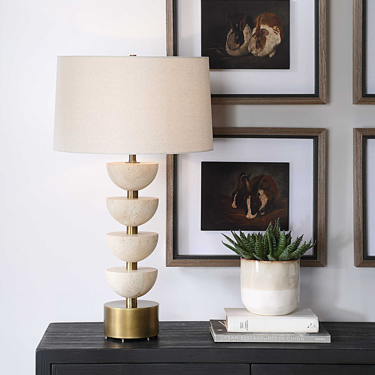 Hemisphere Travertine Table Lamp - Beige / Bronze by Uttermost - View 2