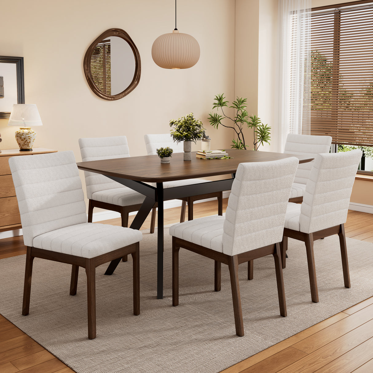 7-Pieces Upholstered Dining Set With Rubberwood Frame, Light beige+Walnut+Black