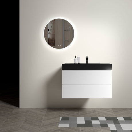 Alice 36" White Bathroom Vanity with Sink, Large Storage Wall Mounted Floating Bathroom Vanity for Modern Bathroom, One - Piece Black Sink Basin without Drain and Faucet | Home Elegance USA