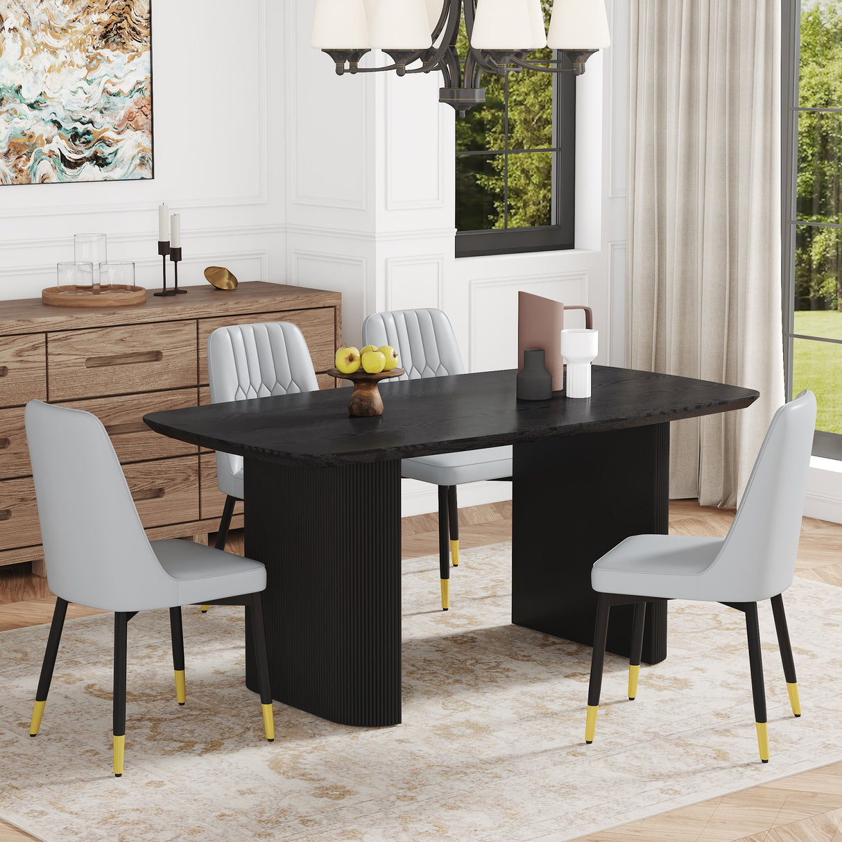 Juego de mesa y sillas. Mesa de comedor de MDF con veta de madera negra de 67 x 35,4 pulgadas: una opción simple, lujosa y estable. Combina con 4 sillas gris claro con cojines de PU y patas de metal negro.