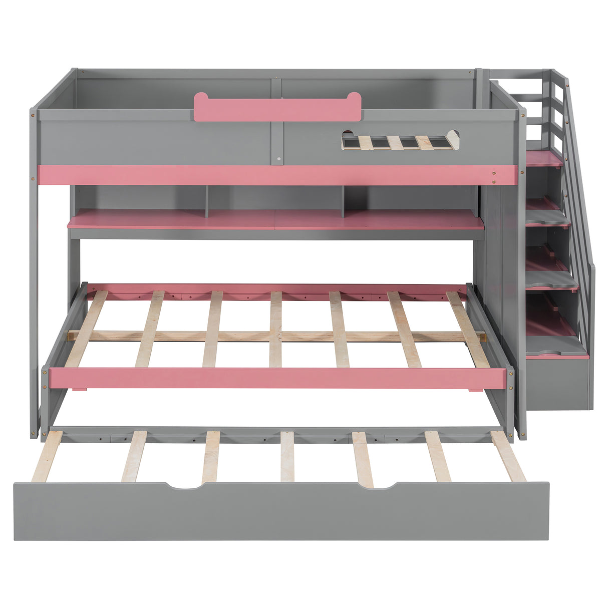 Full Over Full Bunk Bed with Twin Size Trundle and Staircase, Shelves, LED,Gray - sold by Home Elegance USA