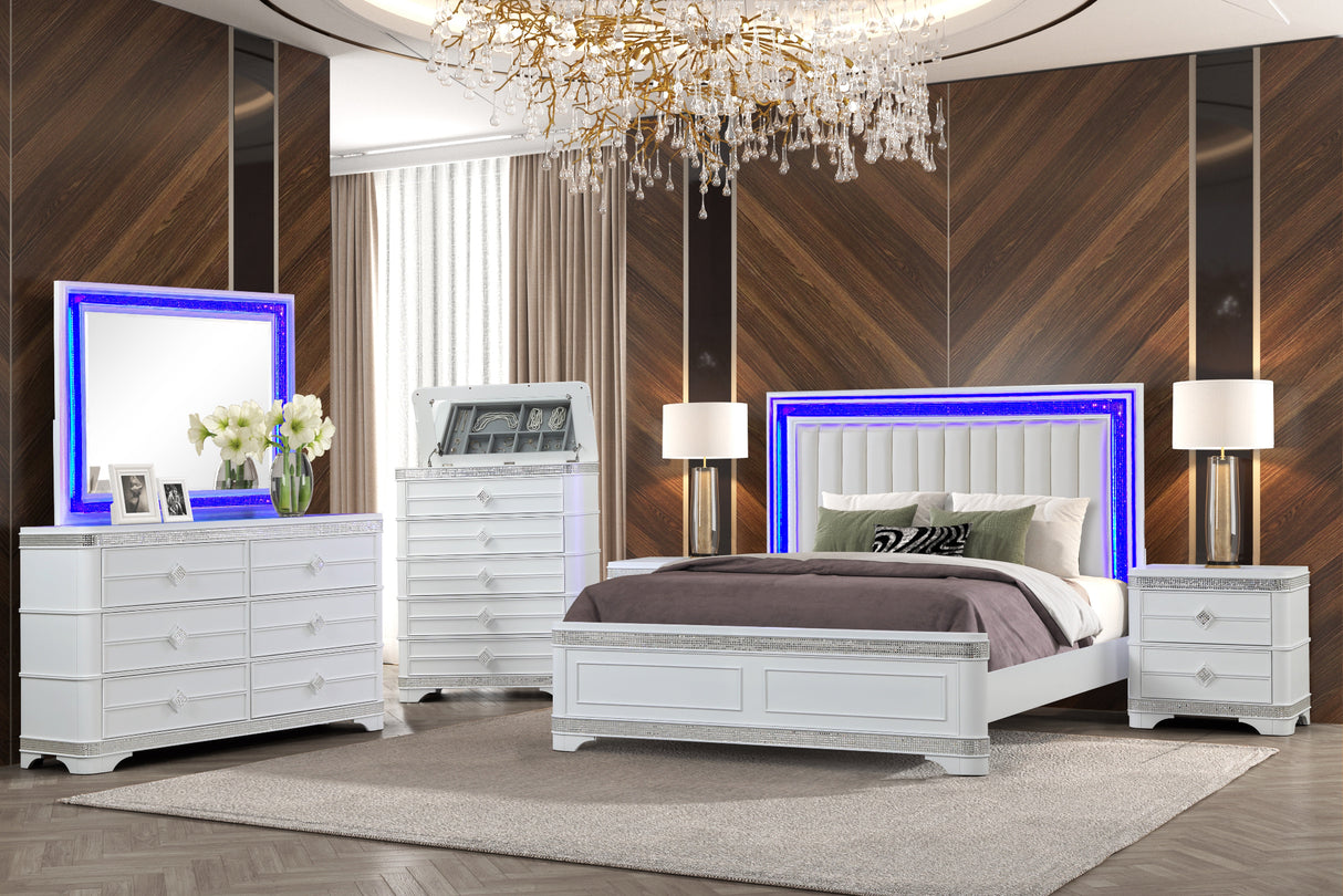 Amani 6-Piece Bedroom Set in White with Built-In LED Lights | Cosmos - Home Elegance USA