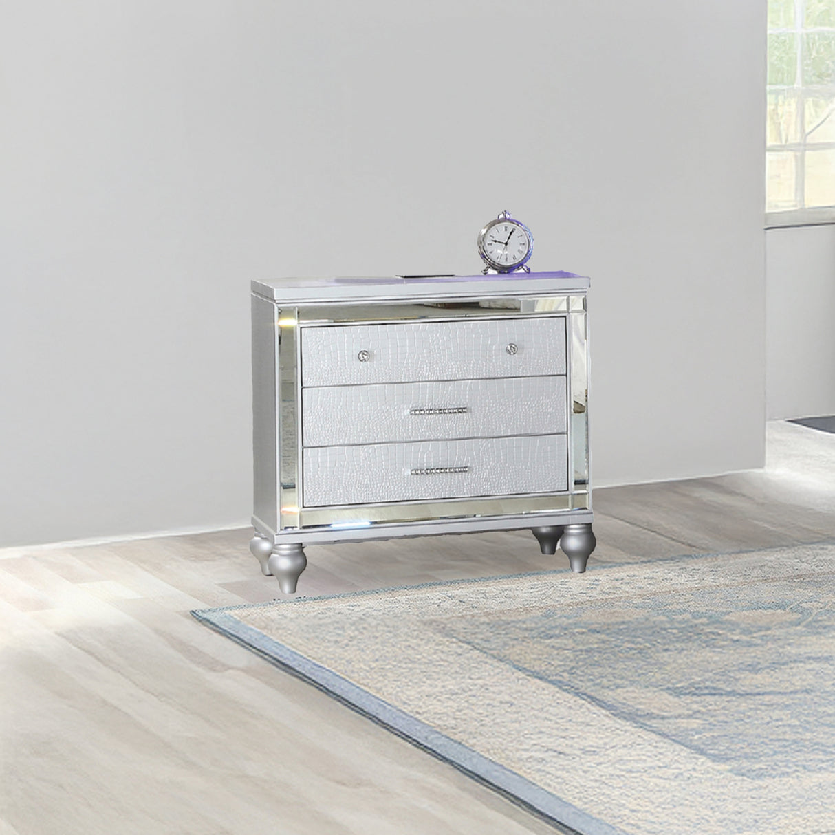 Sterling Modern Style Mirror Framed 3-Drawer Nightstand Made with Wood in Silver same as G150108488 (NJ inventory)