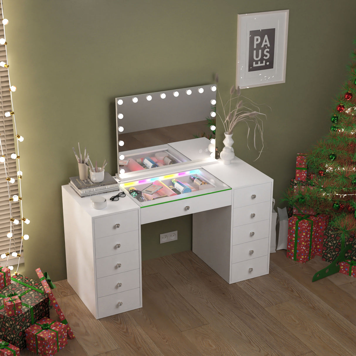 Vanity Desk with LED Mirror, Vanity Table with RGB Lights Strip, Hollywood Vanity Mirror with 18 LED Bulbs and Bluetooth Speakers, 51.2' Makeup Dressing Table with 11 Drawers, Adjustable Brightness