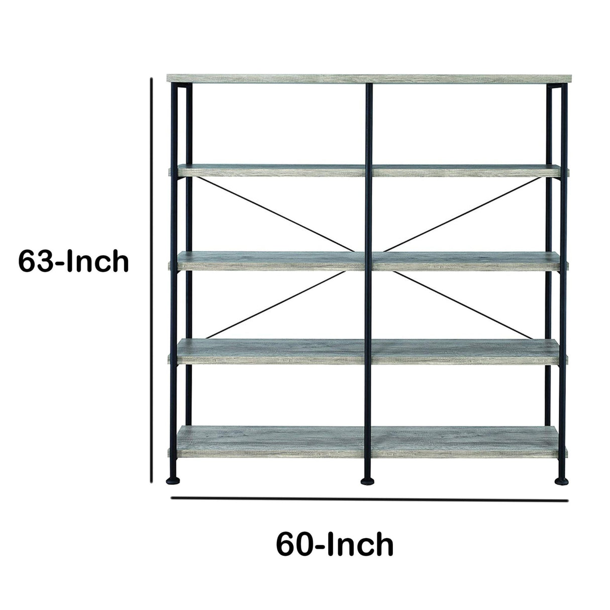 63 Inch Industrial 4 Tier Bookshelf, Particleboard, Metal Frame, Gray, Black | Home Elegance USA