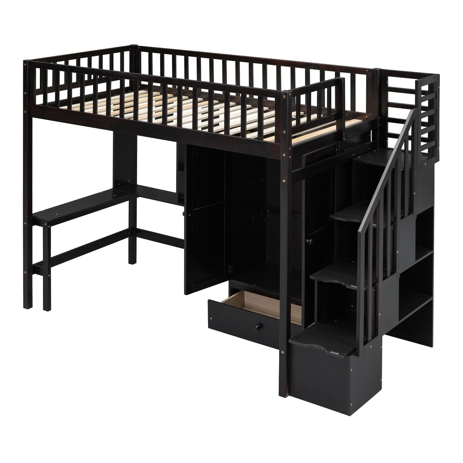 Twin size Loft Bed with Bookshelf,Drawers,Desk,and Wardrobe-Espresso - Home Elegance USA