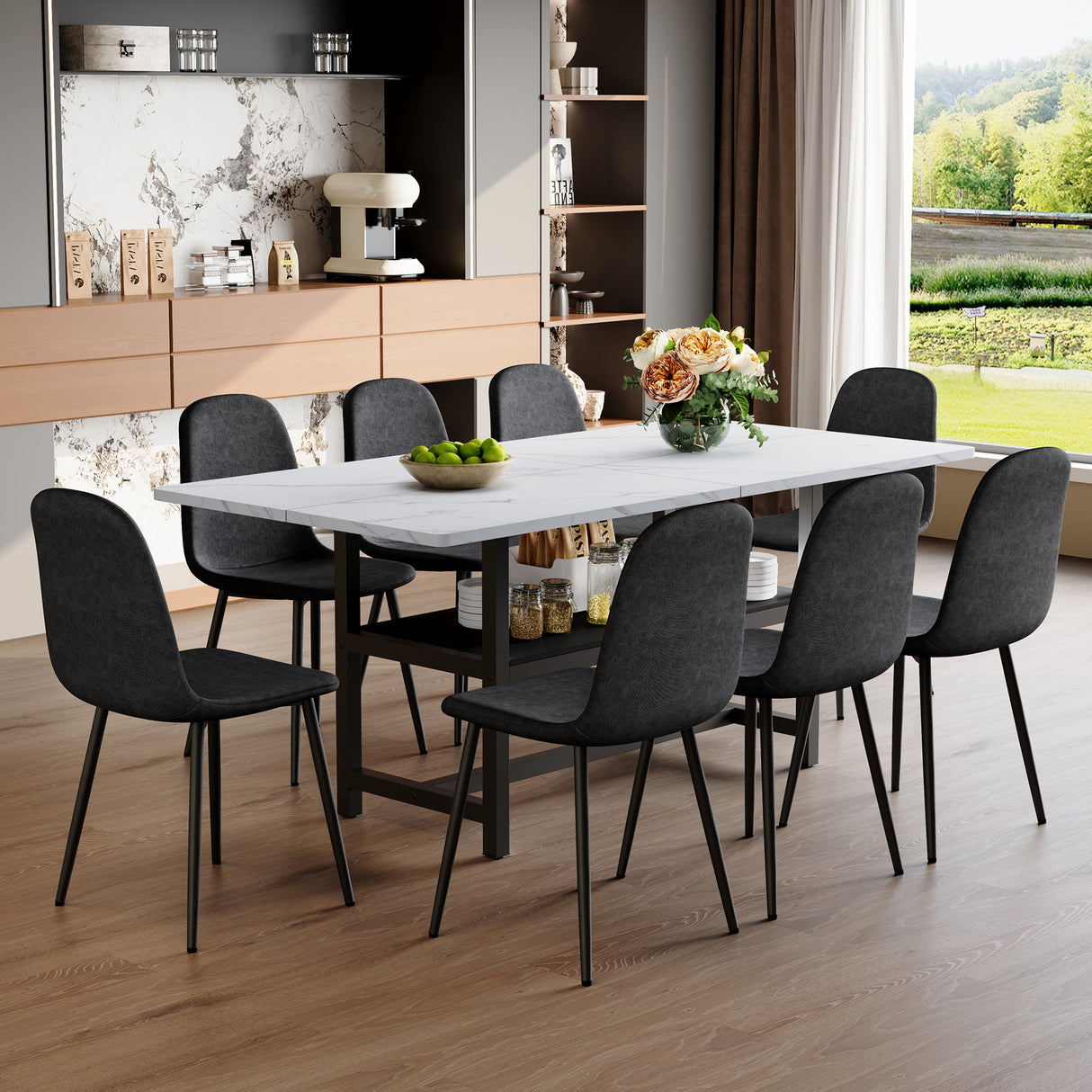 Juego de mesa y sillas. Mesa de comedor de grano blanco empalmado de 71 x 35,4 pulgadas con función de almacenamiento en el medio de las patas de la mesa. Combina con 8 sillas de comedor de alta resiliencia de material de lino y algodón negro.
