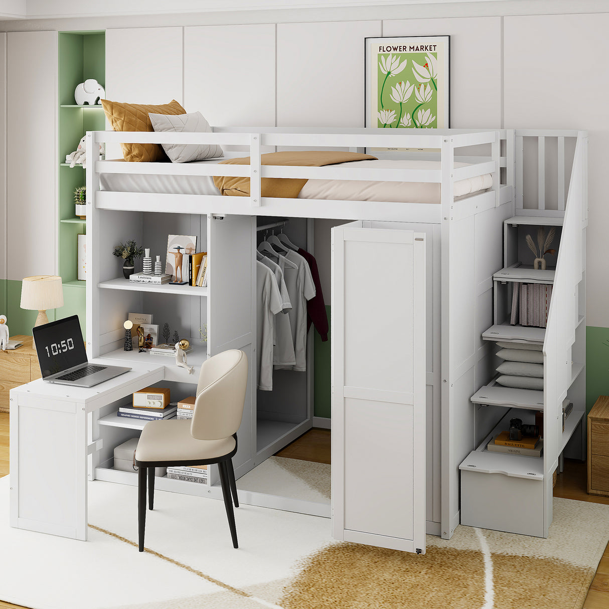 Full Size Loft Bed with Wardrobe,Desk and Shelves,White(OLD:LT100679AAK)