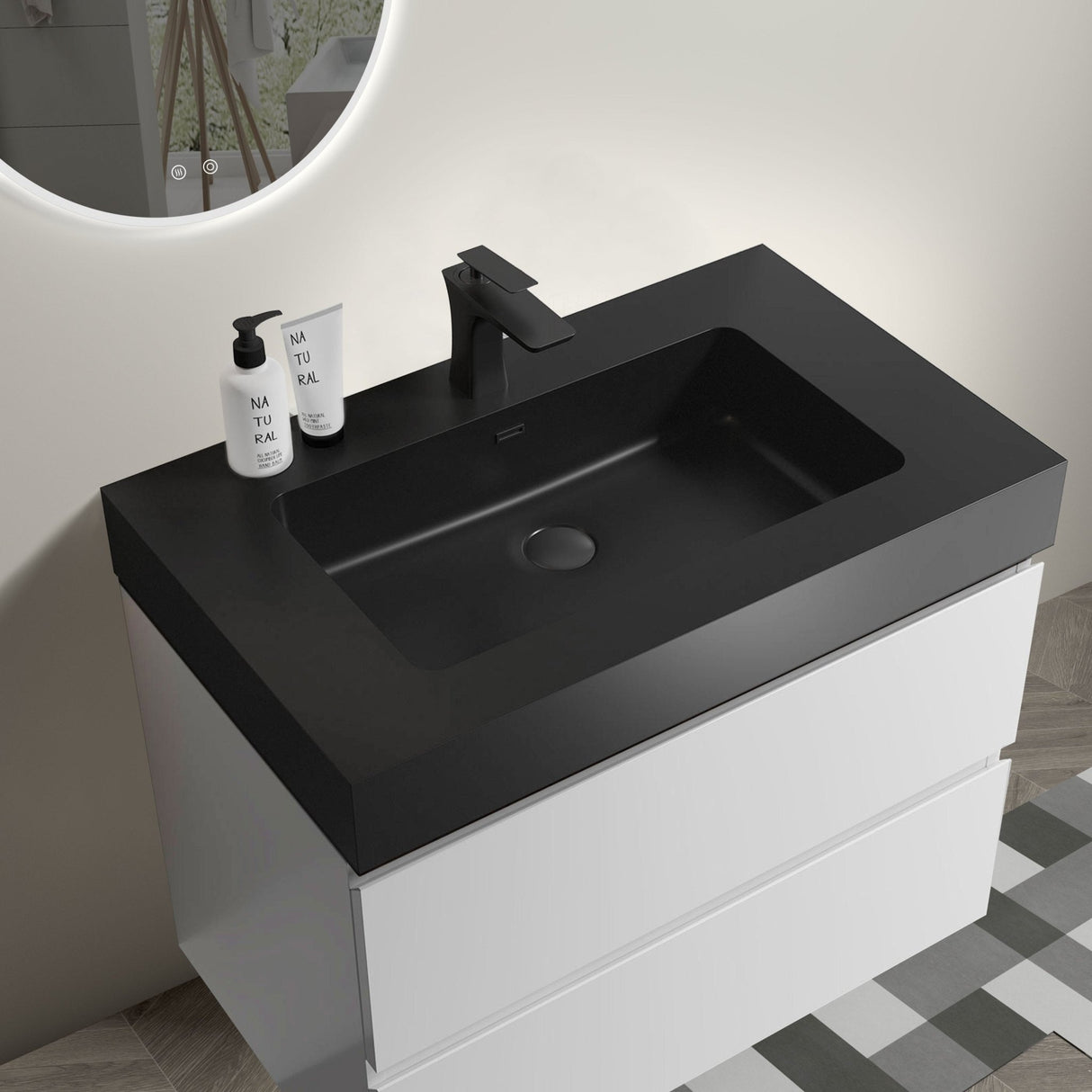 Alice 30 inch White Floating Bathroom Vanity with One - Piece Black Sink and Large Storage | Home Elegance USA