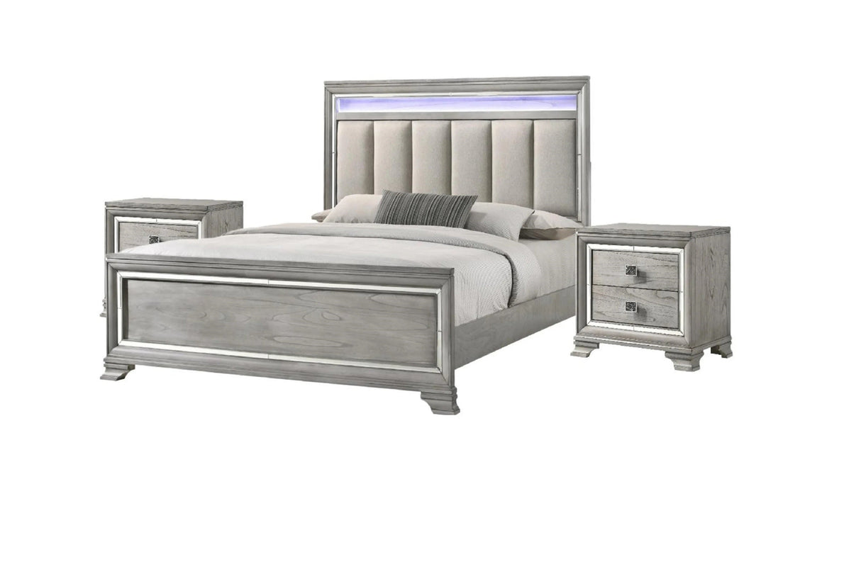 Modern King Size Panel Bed Nightstand 3pc Set Integrated Led Lighting Tufted Headboard Wood Grain Soft Gray Finish Wooden Solid Wood Furniture - sold by Home Elegance USA