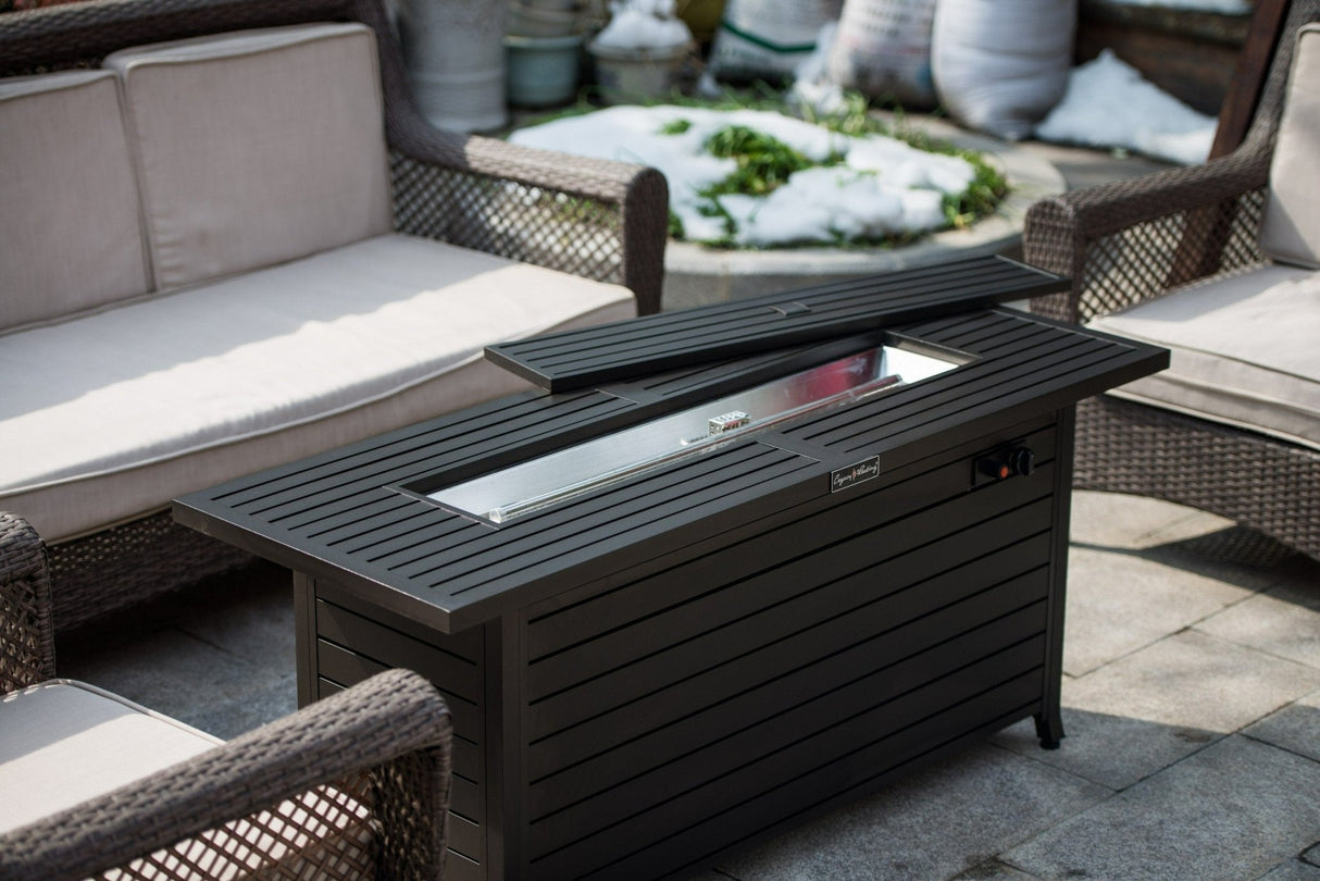 57in Outdoor Gas Propane Fire Pits Table, Aluminum, 50000BTU Firepit Fireplace Dinning Table with Lid, Fire Glass, Retangular, ETL Certification, for Garden Backyard Deck Patio - Mocha | Home Elegance USA