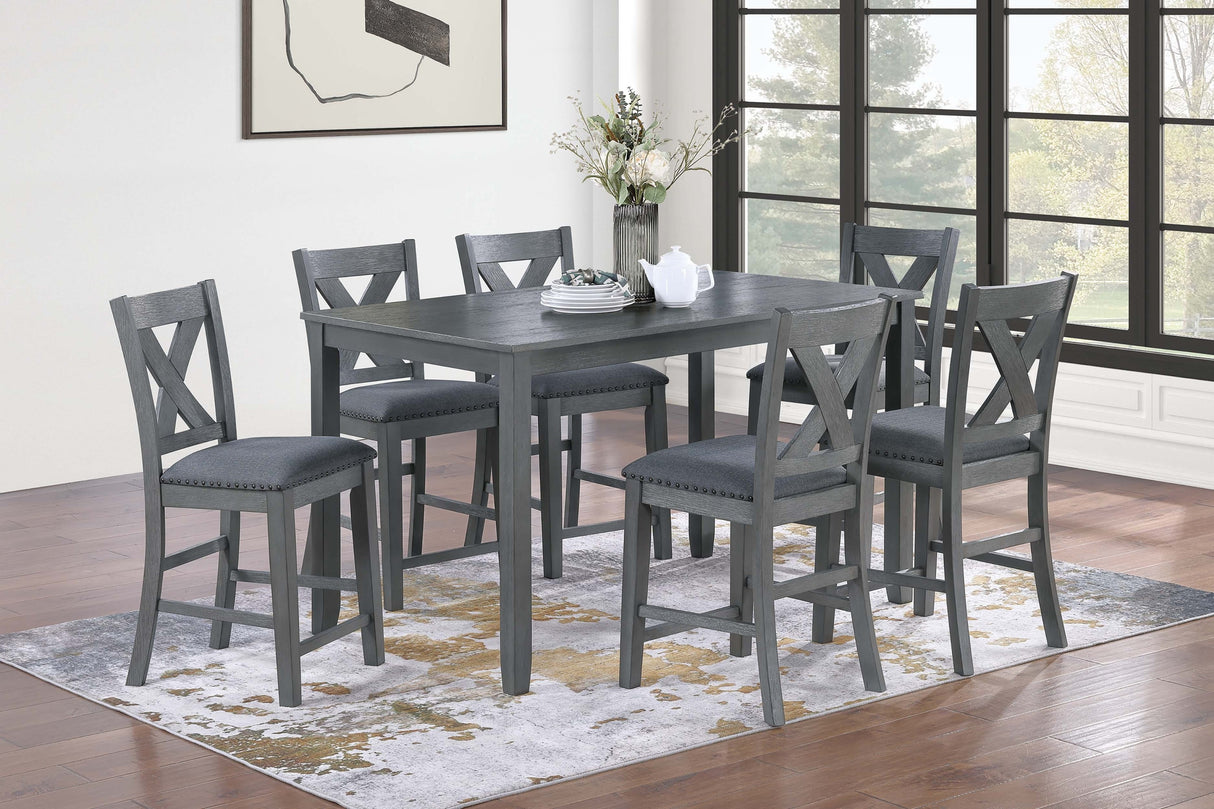 Modern Style Gray Dining Table 6x Chairs 7pcs Counter Height Set Cushion Seat Nailhead X-Cross Back Chairs Dining Room Furniture