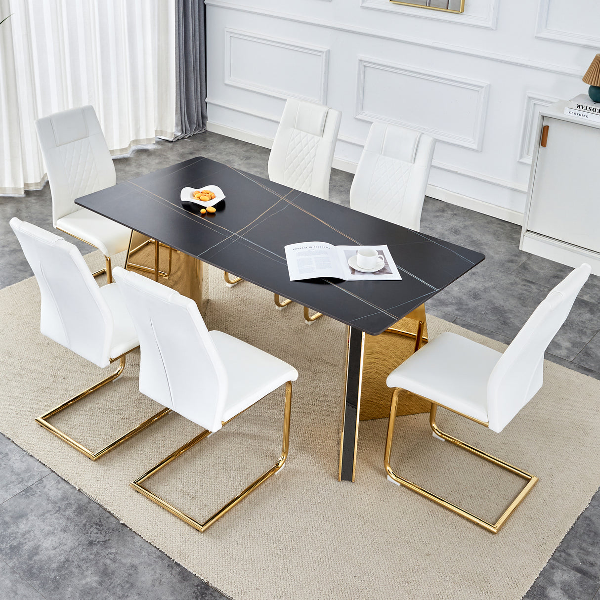 Table and chair set.63'x31.5x30'Black Texture With Lines Patterned Sintered Stone Table with Golden Stainless Steel Butterfly Legs.Paried With 6 White High-quality PU Chairs With Golden Metal Legs.