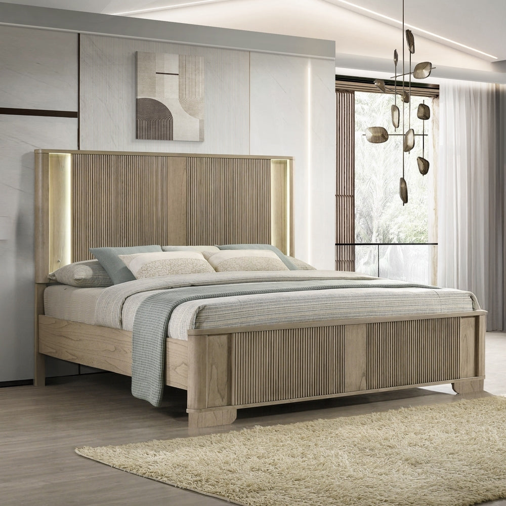 1pc Transitional Style Queen Bed with LED Light Headboard Antique Oak Finish Solid Wood Rustic Bedroom Furniture