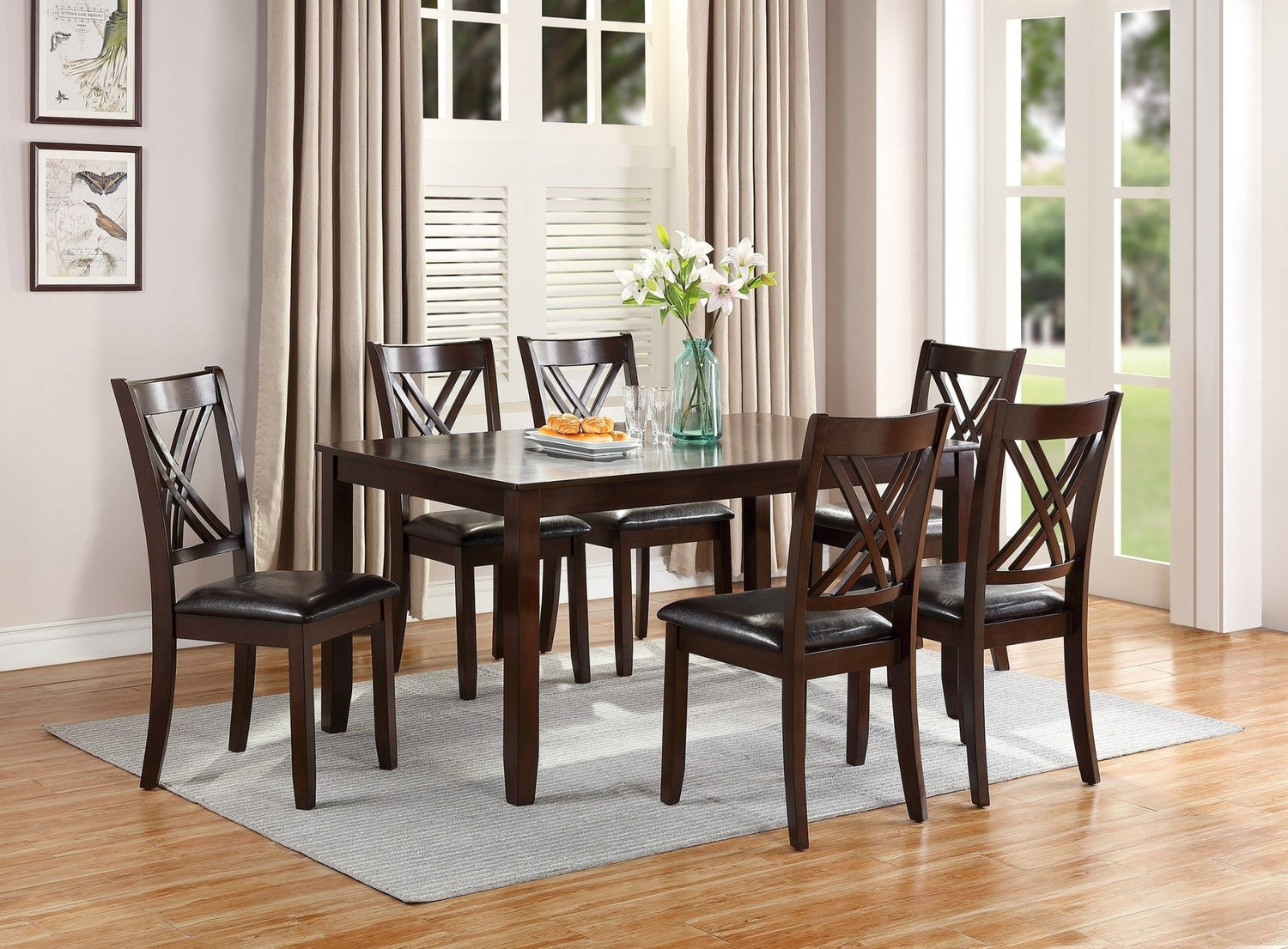7pcs Dining Set Dining Table 6 Side Chairs Clean Espresso Finish Cushion Seats X Design back Chairs | Home Elegance USA