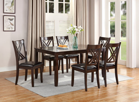 7pcs Dining Set Dining Table 6 Side Chairs Clean Espresso Finish Cushion Seats X Design back Chairs | Home Elegance USA
