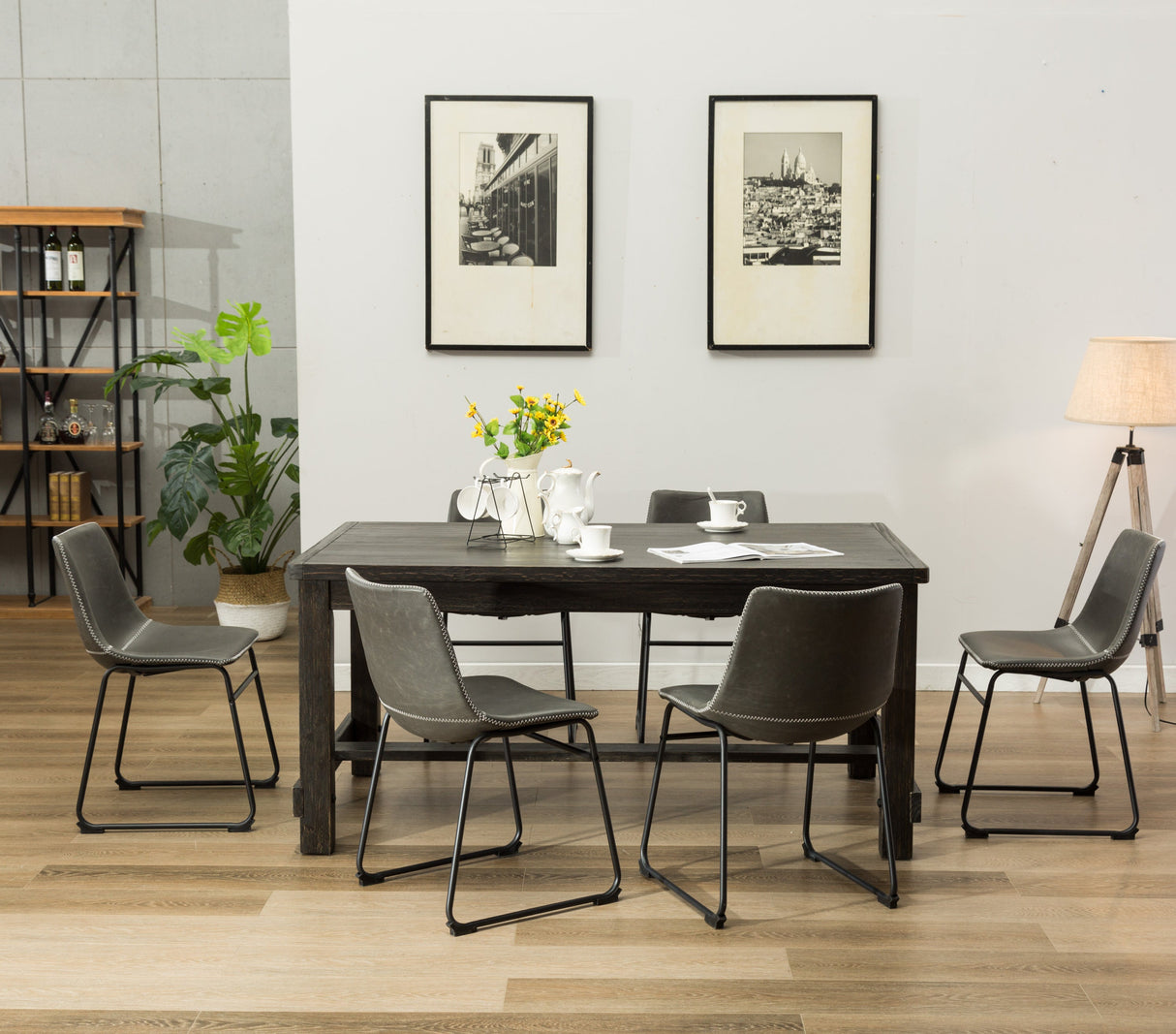 Lotusville 7-Piece Antique Black Finish Wood Dining Table with 6 Gray Faux Leather Chairs Set - sold by Home Elegance USA