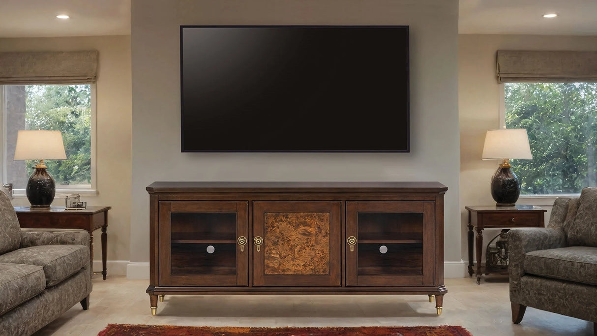 Modern Style TV Stand 3 Drawers Gold Round Knobs And Legs Felt Line Drawers Dark Cherry Finish - sold by Home Elegance USA
