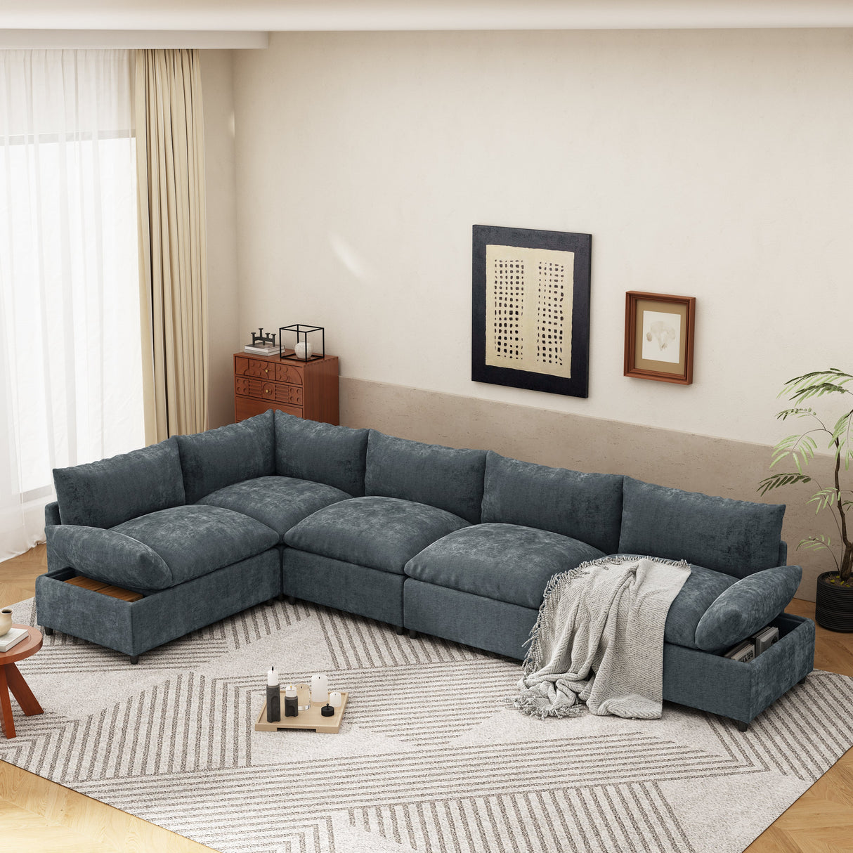115.5' Modular Deep Gray Sectional Sofa with Durable Polyester Upholstery, Plush Cushions, Hidden Storage Compartments, and Versatile Design for Living Room, Lounge, or Office' - sold by Home Elegance USA