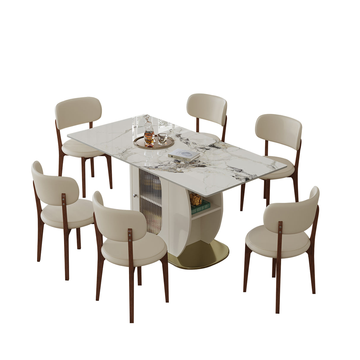 Modern 63' 4-6 Person Dining Table Set with Storage, Burnt Stone Top & Gold Solid Wood Base, 6 White PU Chairs for Kitchen, Apartment