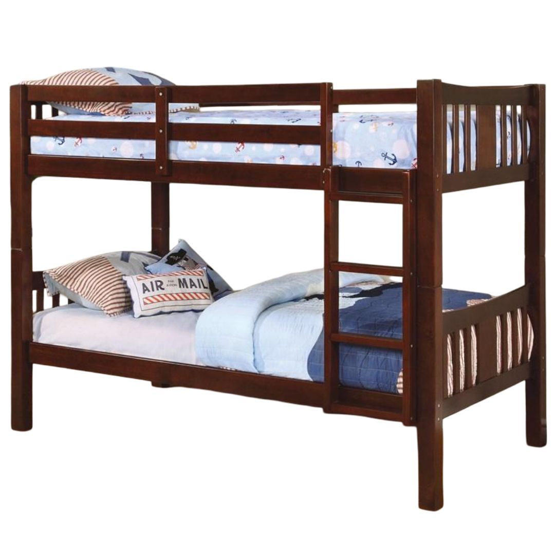 Twin Over Twin Transitional Style Bunk Bed Dark Walnut Finish Attached Ladder Rails And Lock Joint Structure Trundle-Included Espresso Finish - sold by Home Elegance USA