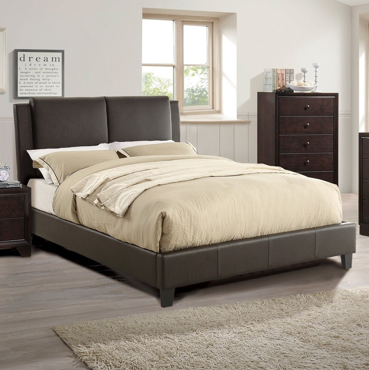 California King Size Bed 1pc Bed Set Brown Faux Leather Upholstered Two - Panel Bed Frame Headboard Bedroom Furniture | Home Elegance USA