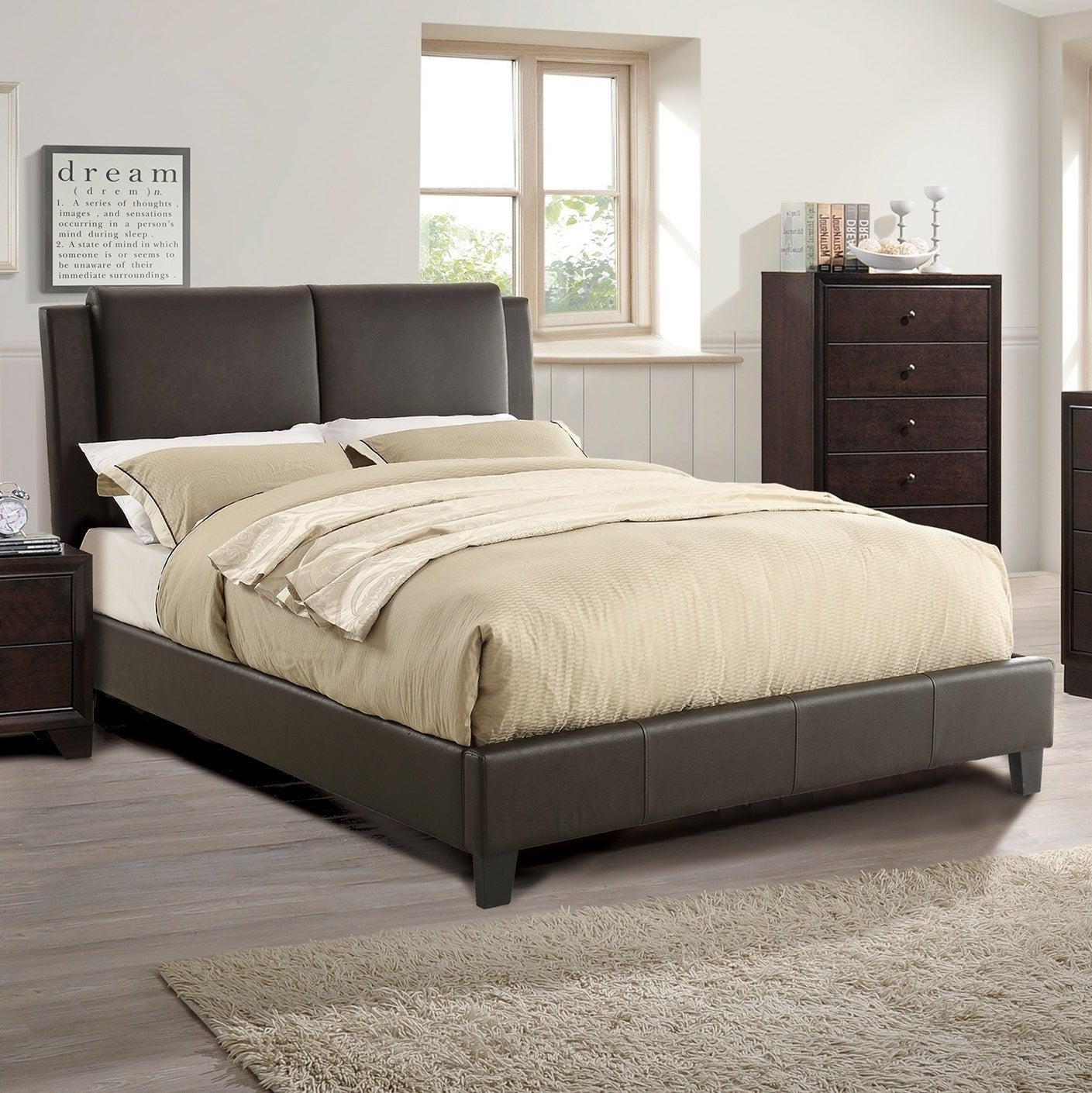 California King Size Bed 1pc Bed Set Brown Faux Leather Upholstered Two - Panel Bed Frame Headboard Bedroom Furniture | Home Elegance USA